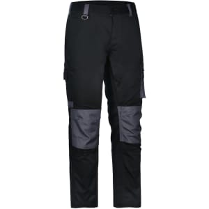 Unisex utility stretch cargo work pants in black with grey patches, featuring side pockets and a logo.