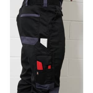 A pair of black unisex utility stretch cargo work pants with multiple pockets, including tool holders and a logo.