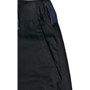 A close-up of black unisex utility stretch cargo work pants featuring a waistband and side pocket detailing.