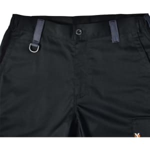 A pair of black unisex utility stretch cargo work pants featuring belt loops and a pocket. It has a logo on the side.