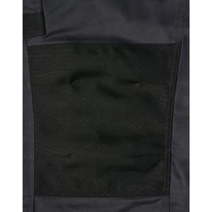A close-up of black utility cargo work pants featuring a large pocket on the thigh area.