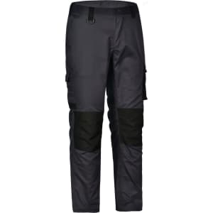 Unisex utility stretch cargo work pants in black with contrasting black panels and multiple pockets.