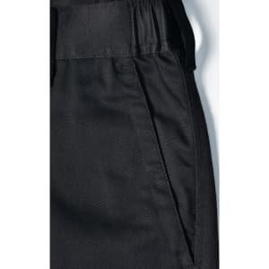 Unisex black utility stretch cargo work pants featuring an elastic waistband and side pockets. Includes branding.