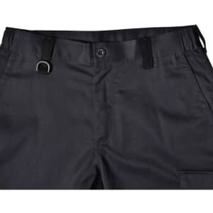Unisex utility stretch cargo work pants in black, featuring a waistband with a button and adjustable straps.