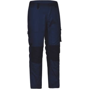 Unisex utility stretch cargo work pants in navy blue with black accents and multiple cargo pockets. Features a logo.