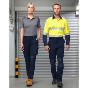 Unisex utility stretch cargo work pants in navy, featured on a model paired with a grey polo and another with a high-visibility shirt.