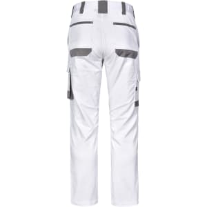 Unisex utility stretch cargo work pants in white, featuring multiple pockets and a logo.