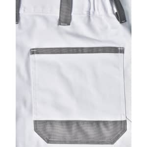A pair of white unisex cargo work pants featuring grey accents and a large back pocket.