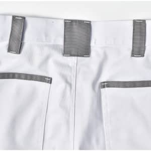 Unisex utility stretch cargo work pants in white with grey accents and pockets, featuring a waistband and belt loops.