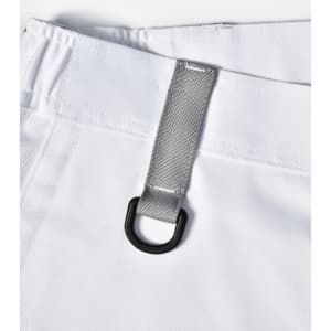 A close-up of a white unisex utility stretch cargo work pant featuring a silver loop and waistband detail.