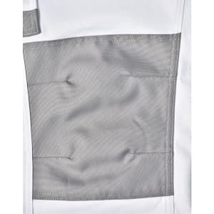 A close-up of unisex utility stretch cargo work pants in white with a grey patch pocket. The pants have a logo detail.