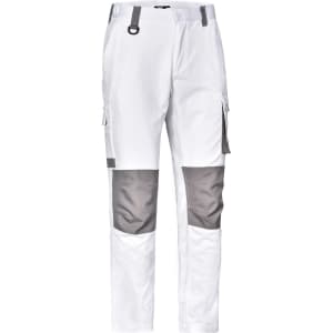 Unisex utility stretch cargo work pants in white with grey accents and cargo pockets. Features a logo on the waistband.
