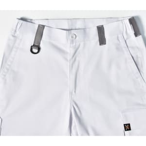 White unisex utility stretch cargo work pants featuring grey accents and a logo on the waistband.