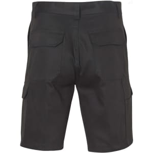 A pair of black heavy cotton drill shorts featuring multiple pockets and a back view design.