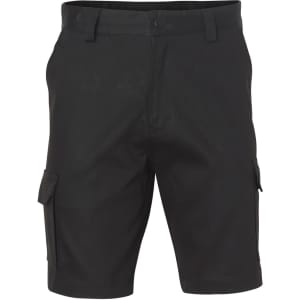 Men's heavy cotton pre-shrunk drill shorts in black, featuring cargo pockets and a branded label.