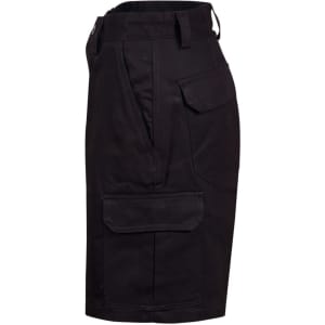 A black heavy cotton drill short with multiple pockets, featuring a side view and a logo.