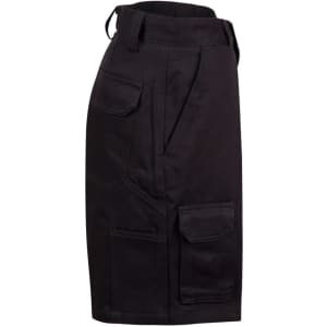 A pair of black drill shorts featuring multiple pockets and a sturdy design. The shorts have a belt loop.