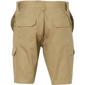 Khaki men's heavy cotton pre-shrunk drill shorts with multiple pockets and a logo on the back.