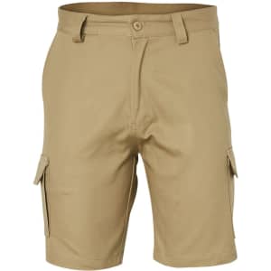 Beige heavy cotton drill cargo shorts with two side pockets and a button closure. Features a logo on the waistband.