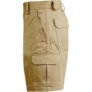 A pair of khaki men's heavy cotton drill shorts with multiple cargo pockets and a logo.