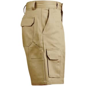 Khaki heavy cotton drill shorts featuring side cargo pockets and a branded logo.