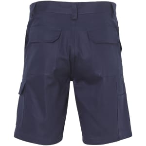 A pair of navy blue heavy cotton drill shorts with multiple pockets and a logo on the back.