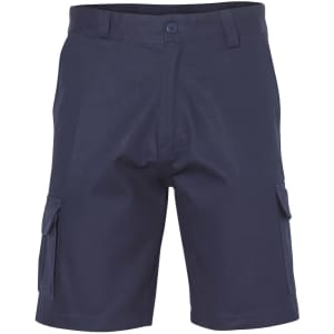 Navy heavy cotton drill shorts with cargo pockets and a button closure, featuring a discreet logo.