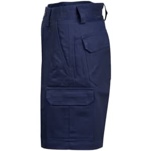 A navy heavy cotton drill short with multiple pockets, featuring a logo. Designed for durability and functionality.