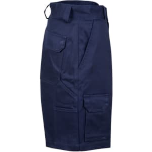 A pair of navy heavy cotton drill shorts with multiple pockets and a branded logo.