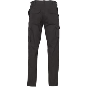 Black cargo pants with multiple side pockets and a regular fit, featuring a logo on the back.