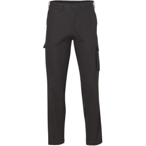 A pair of regular fit black cargo pants with drill pant pockets on the legs and a logo present.