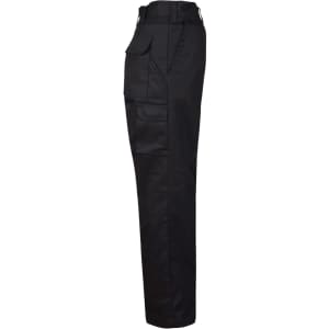 Black cargo pants featuring a drill pant pocket on the leg and a regular fit, with one logo.