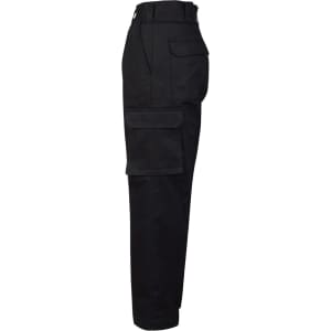 A pair of black regular fit cargo pants featuring a side drill pant pocket. The pants have a sleek profile and a logo.
