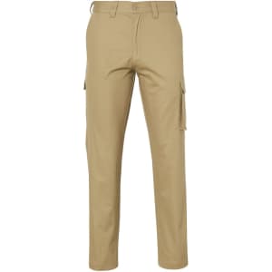 A pair of regular fit cargo pants in khaki, featuring side pockets on the legs and a belt loop waistband.