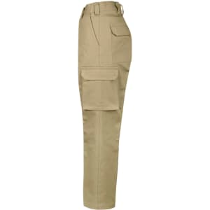 Khaki cargo pants featuring a drill pant pocket on the leg and a regular fit, with a small logo visible.