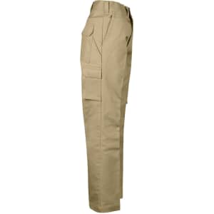 A pair of khaki cargo pants featuring a drill pant pocket on the leg and a regular fit. Includes branding.