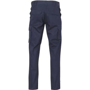 Navy cargo pants featuring side pockets and a regular fit, with a logo on the back.
