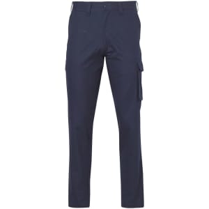 Navy cargo pants featuring side pockets and a regular fit, with a logo on the waistband.
