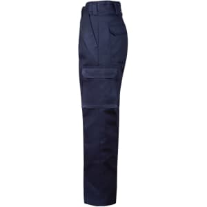 A side view of navy cargo pants featuring a large pocket on the leg and a regular fit silhouette.