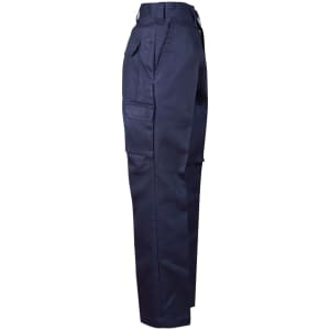 Navy cargo pants with a regular fit and a drill pant pocket on the leg, featuring a logo.