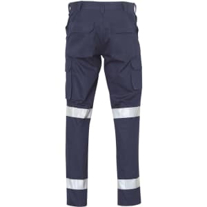 Navy work pants featuring multiple leg pockets and reflective strips for visibility, with a logo on the back.