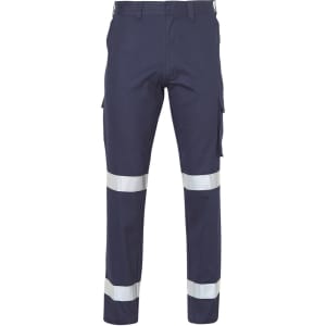 Navy work pants featuring reflective stripes and side pockets, designed for durability and visibility.