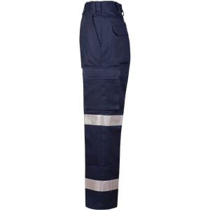 Dark navy work pants featuring drill pant pockets on the leg and reflective strips, with a logo.