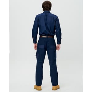 A pair of navy work pants with a straight fit, featuring cargo pockets, displayed from the back.