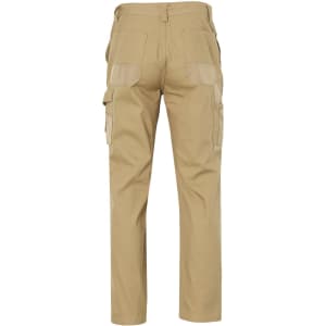 A pair of khaki work pants with cargo pockets, featuring a sturdy design and a logo on the back.