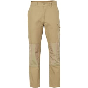 Khaki work pants with reinforced patches, featuring a cargo pocket and a logo. Suitable for heavy-duty use.