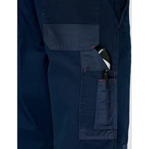 A close-up of navy blue work pants featuring multiple pockets, including a pen pocket, with visible stitching details.