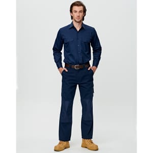 Navy work pants with cargo pockets and reinforced patches, paired with a matching long-sleeve shirt. Features a logo.