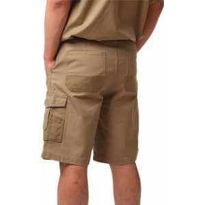 Khaki cargo shorts with multiple pockets and a logo, shown from the back. Features stitching details.