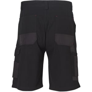 A pair of black cargo work shorts featuring multiple pockets and reinforced sections on the back.